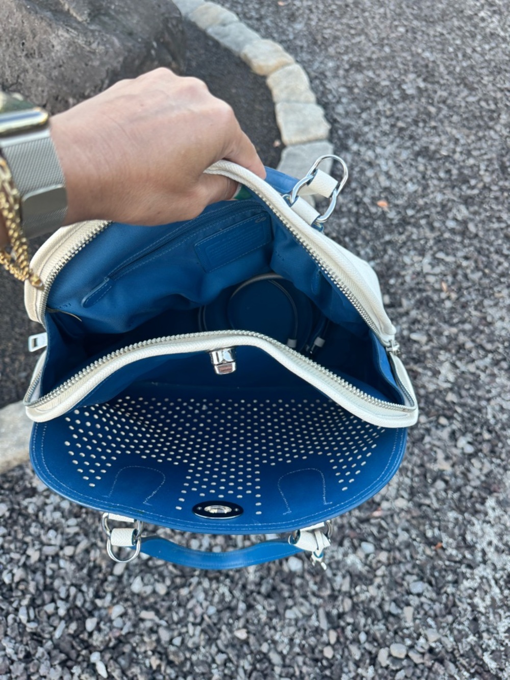 Coach Sample Perforated Leather Dome Satchel White Blue Trim Crossbody Bag - Picture 10 of 17